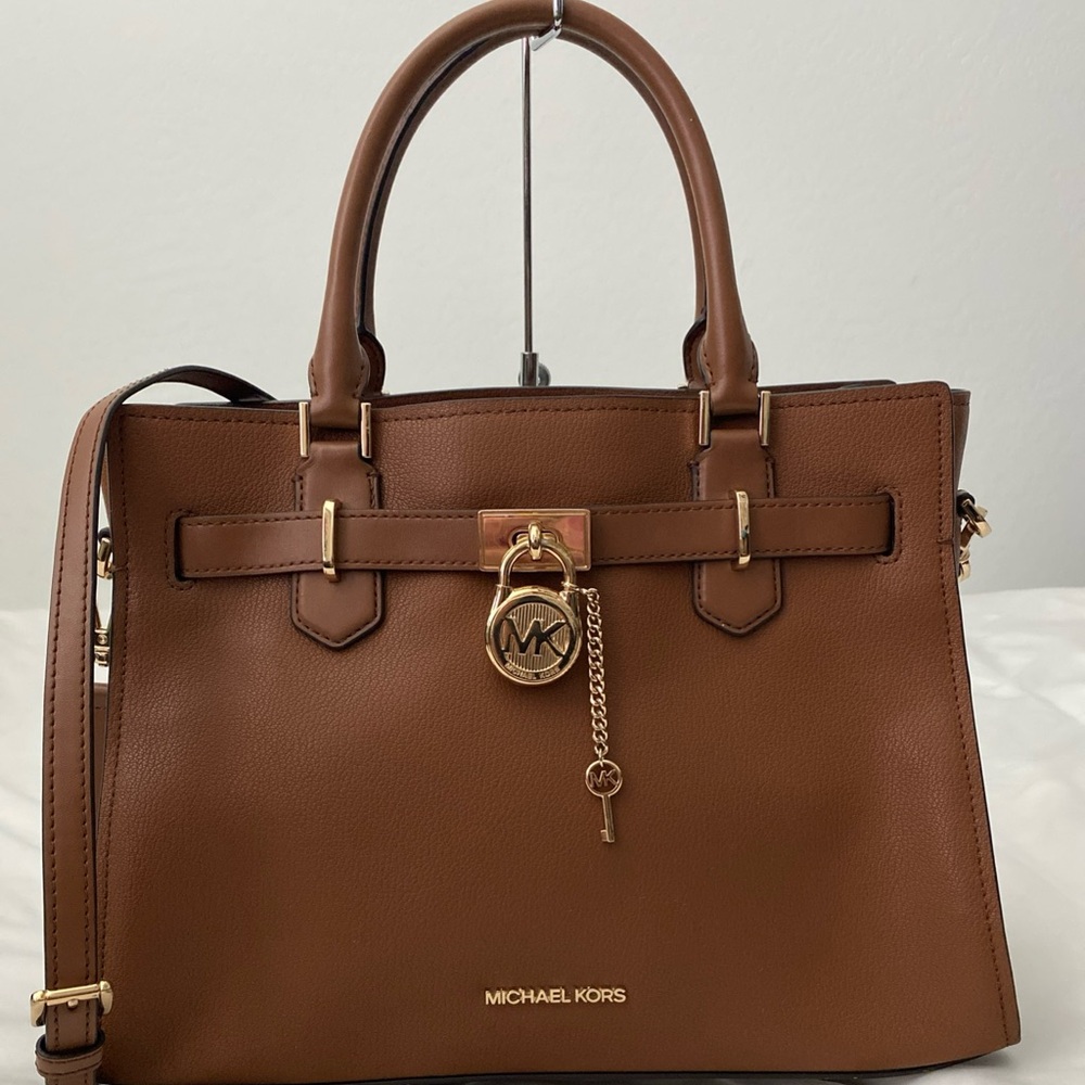 Michael Kors Hamilton Medium Leather Satchel in Luggage Brown
